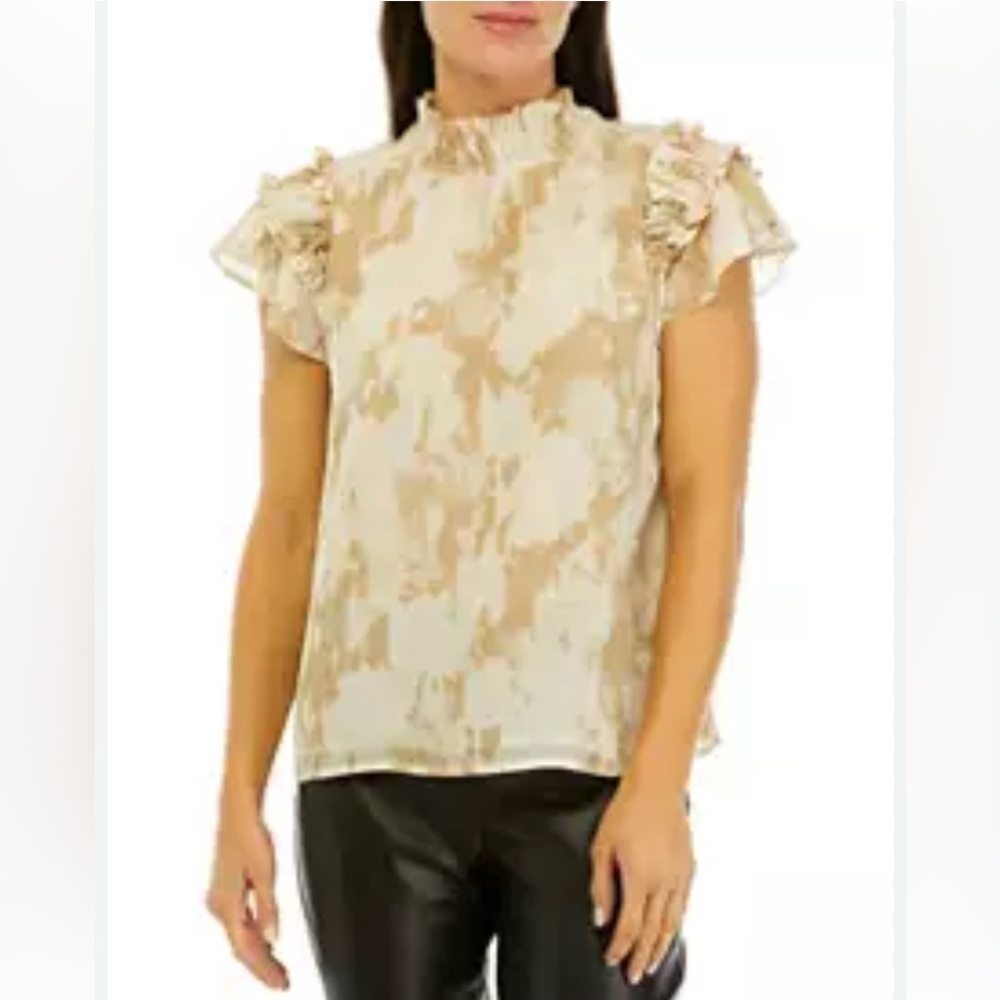 CALVIN KLEIN Woman Flutter sleeve smocked tan-white mock neck classic tank NWT S
